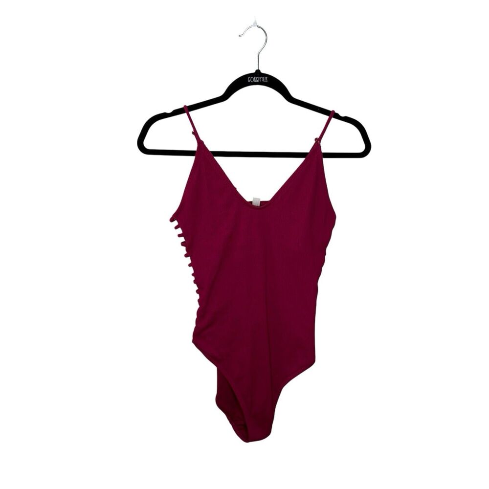 Arizona Jeans Dark Pink V Neck Textured One Piece Swimsuit Cut Outs Size Medium